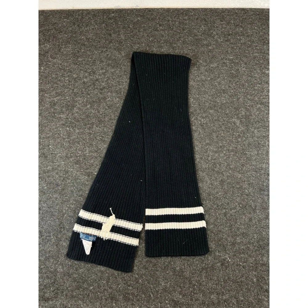 VTG 80s Polo Ralph Lauren Scarf Mens Black Big Pony Ribbed Knit One Size Preppy
